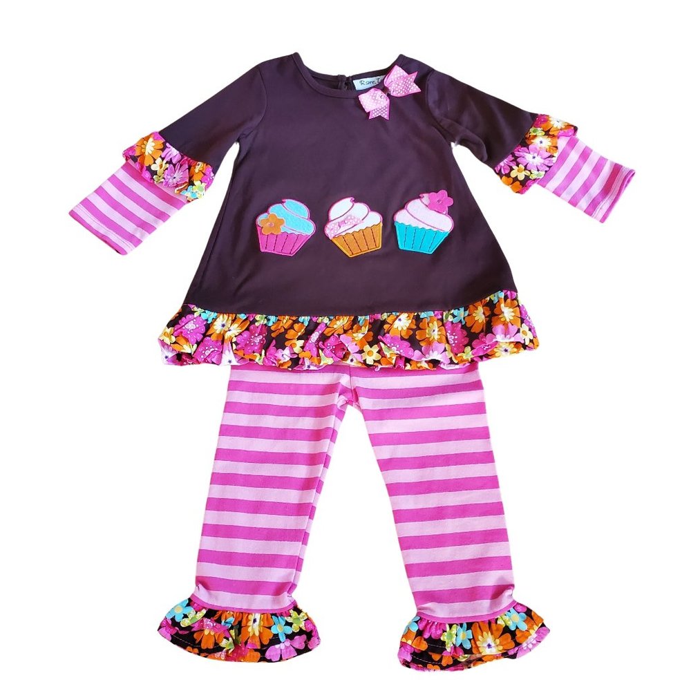 Rare Editions 24M Cupcake Top & Striped Leggings 2 Piece Set Girls Pink Brown